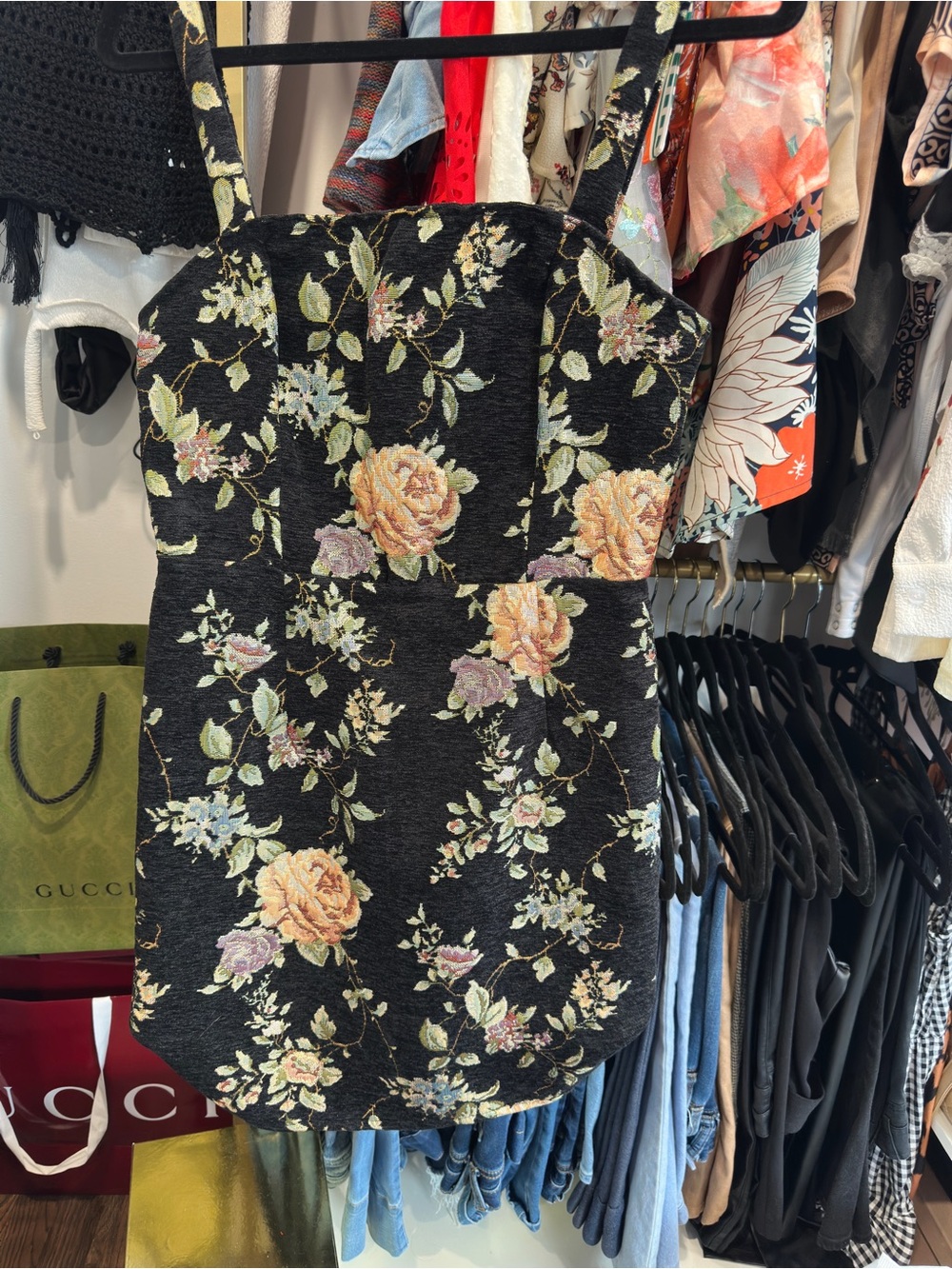 Floral Strap Black Cocktail Dress with Yellow Rose Print